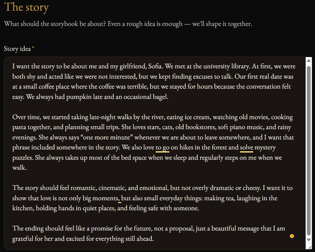 Example of a detailed story idea filled out in the MyHeartfolio request form